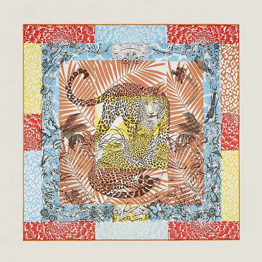 Hermes Women Jungle Love Stamped Scarf 70 orange silk twill folded flat