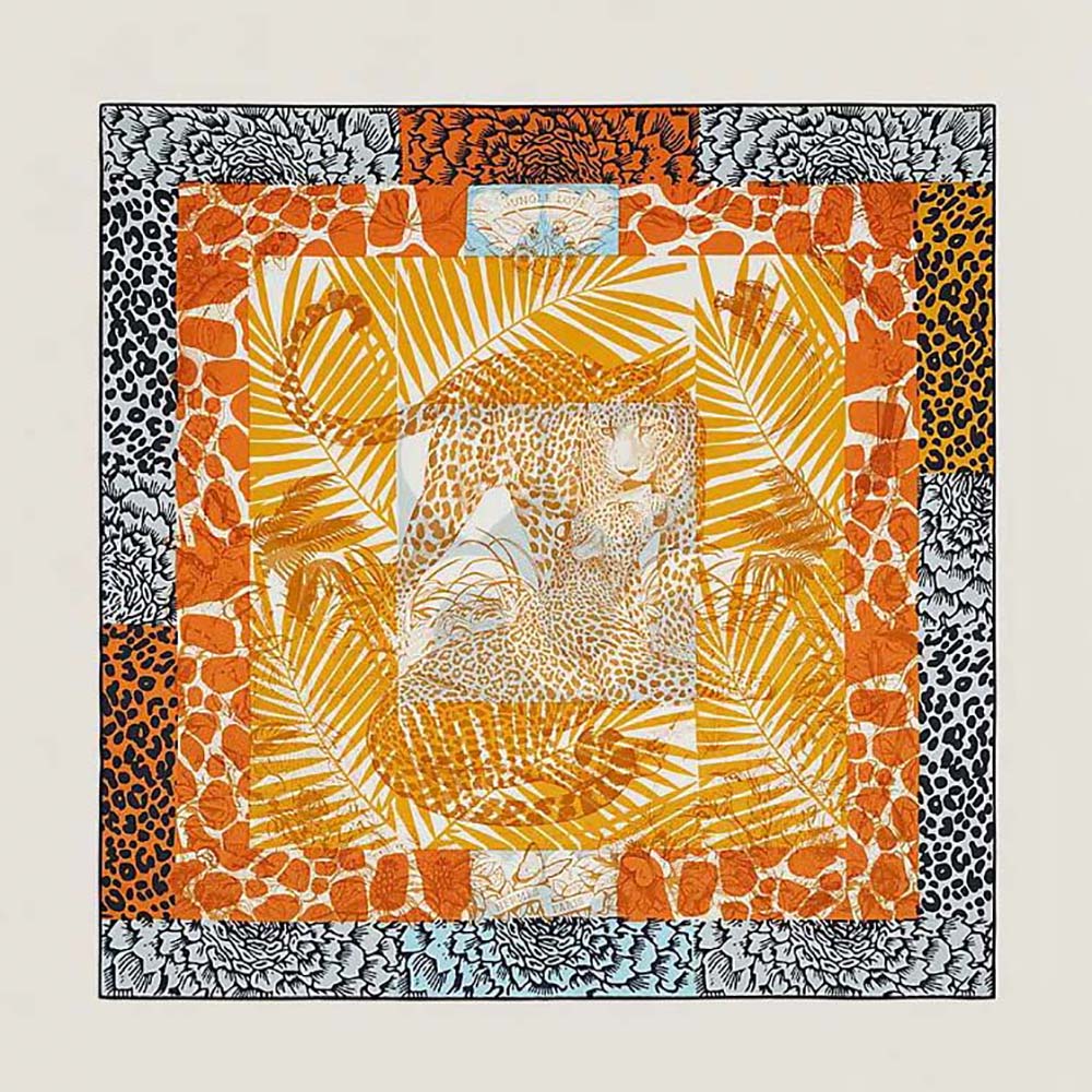 Front view of Hermes Women Jungle Love Stamped Scarf 70 in Silk Twill Red