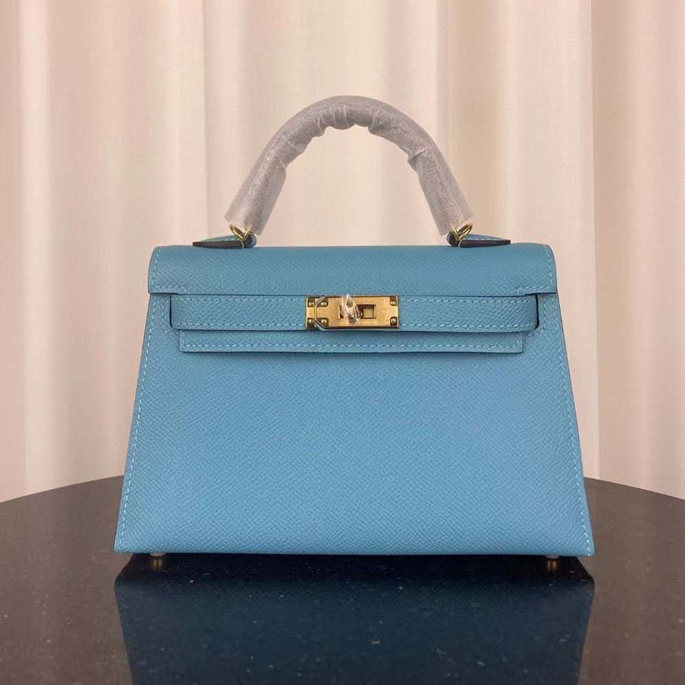 Front view of Hermes Women Kelly Bag 20 in Epsom Leather-Blue