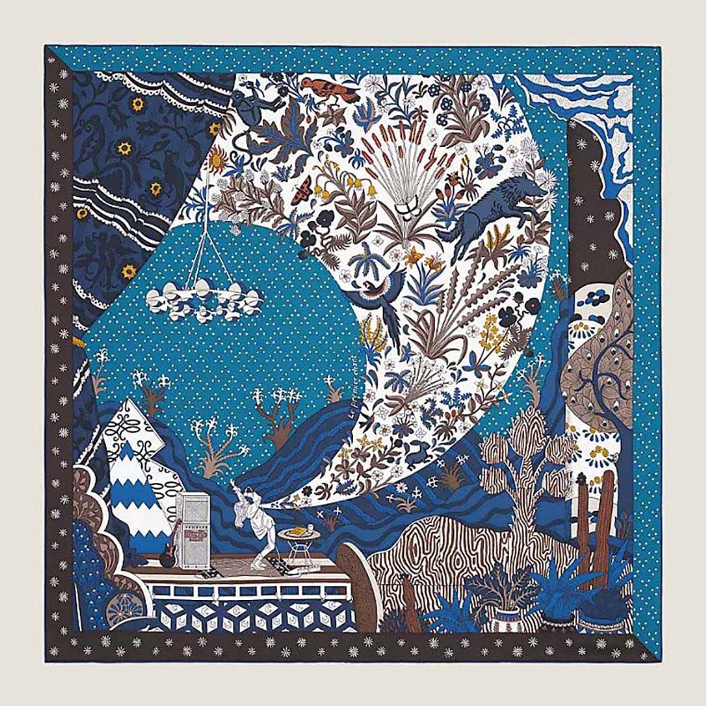 Close-up of Hermes Women Le Premier Chant Scarf 90 silk twill texture