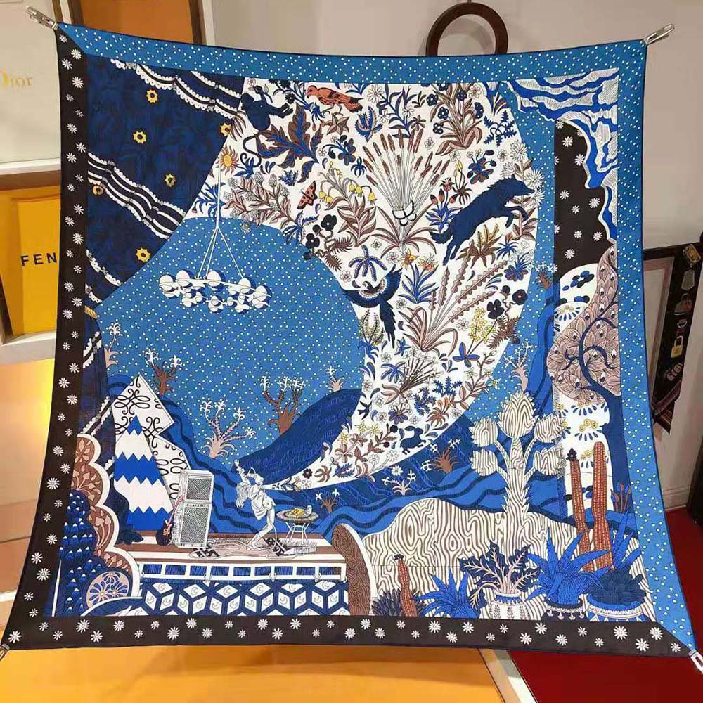 Hermes Women Le Premier Chant Scarf 90 in Silk Twill with Hand-Rolled Edges-Blue - image 4