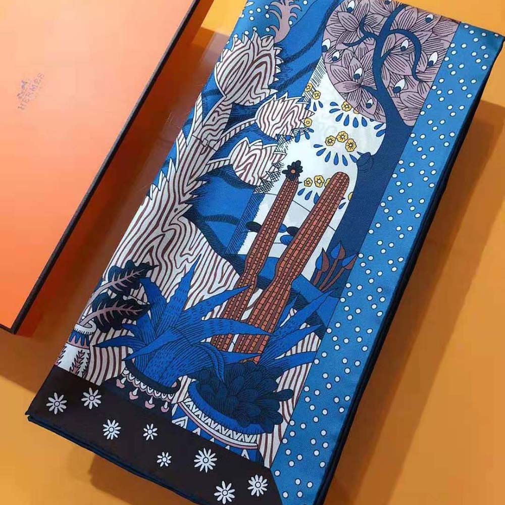 Hermes Women Le Premier Chant Scarf 90 in Silk Twill with Hand-Rolled Edges-Blue - image 7