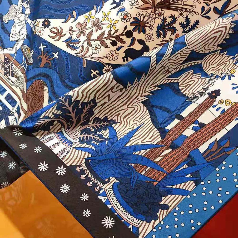 Hermes Women Le Premier Chant Scarf 90 in Silk Twill with Hand-Rolled Edges-Blue - image 5