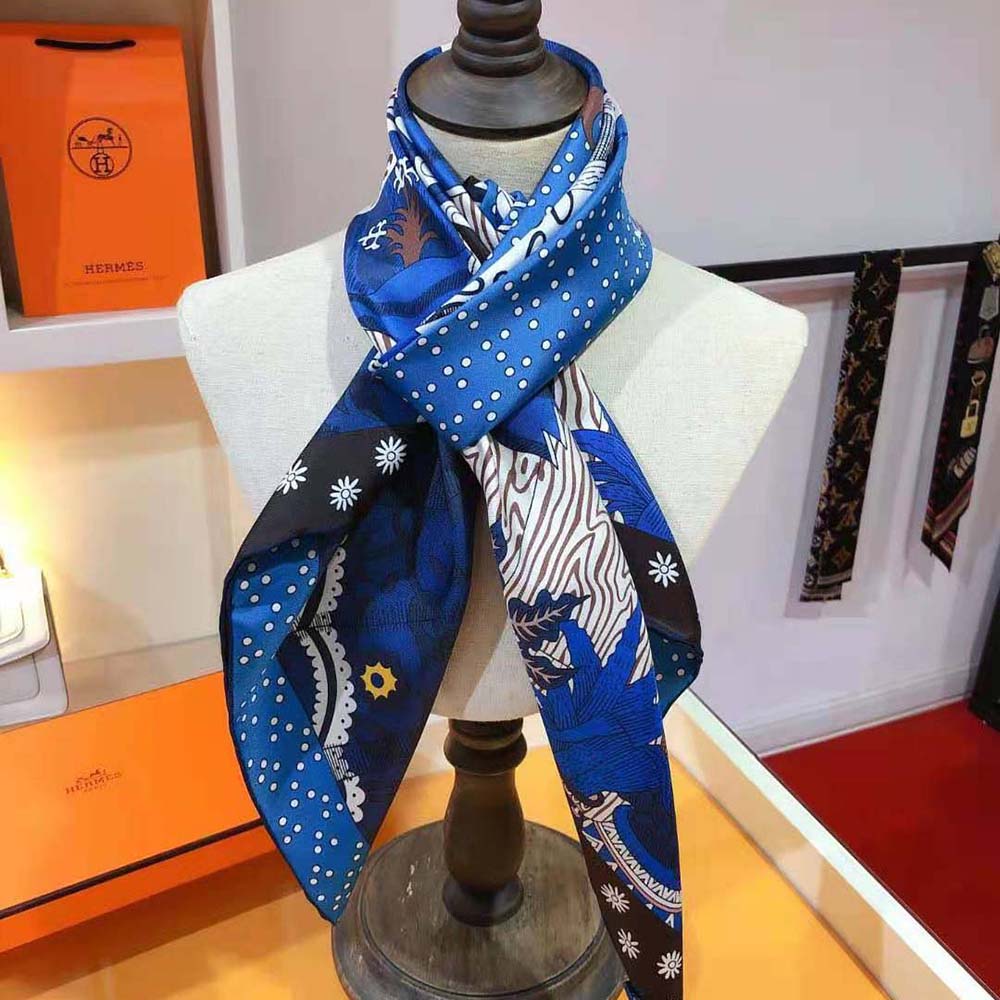 Full view of Hermes Women Le Premier Chant Scarf 90 hand-rolled edges in blue