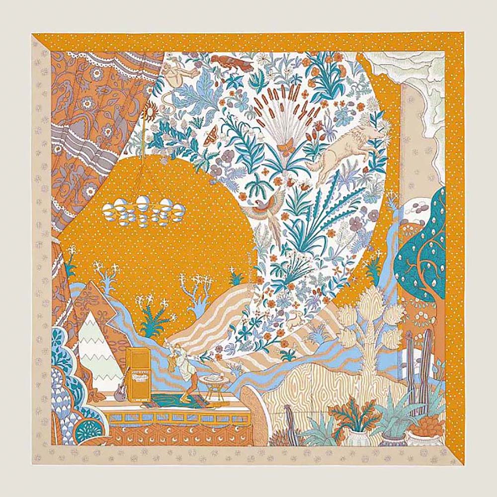 Close-up of Hermes Women Le Premier Chant Scarf 90 hand-rolled edges yellow silk twill