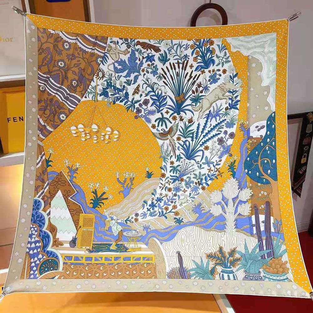 Hermes Women Le Premier Chant Scarf 90 in Silk Twill with Hand-Rolled Edges-Yellow - image 4