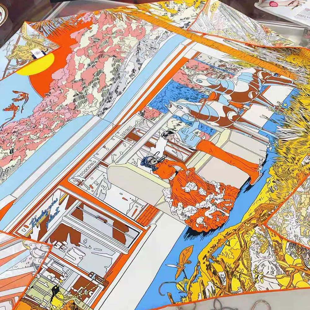 Hermes Women Rendez-Vous Galant Scarf 70 in Silk Twill with Hand-Rolled Edges-Blue - image 5