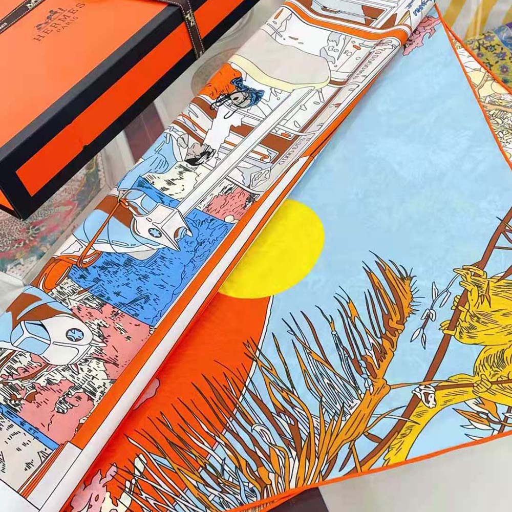 Hermes Women Rendez-Vous Galant Scarf 70 in Silk Twill with Hand-Rolled Edges-Blue - image 6