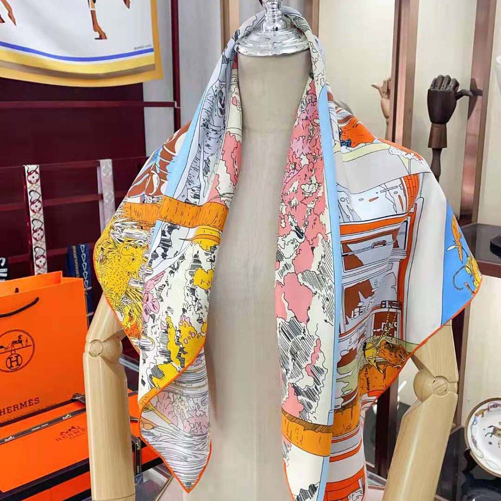 Hermes Women Rendez-Vous Galant Scarf 70 in blue styled as neck wrap
