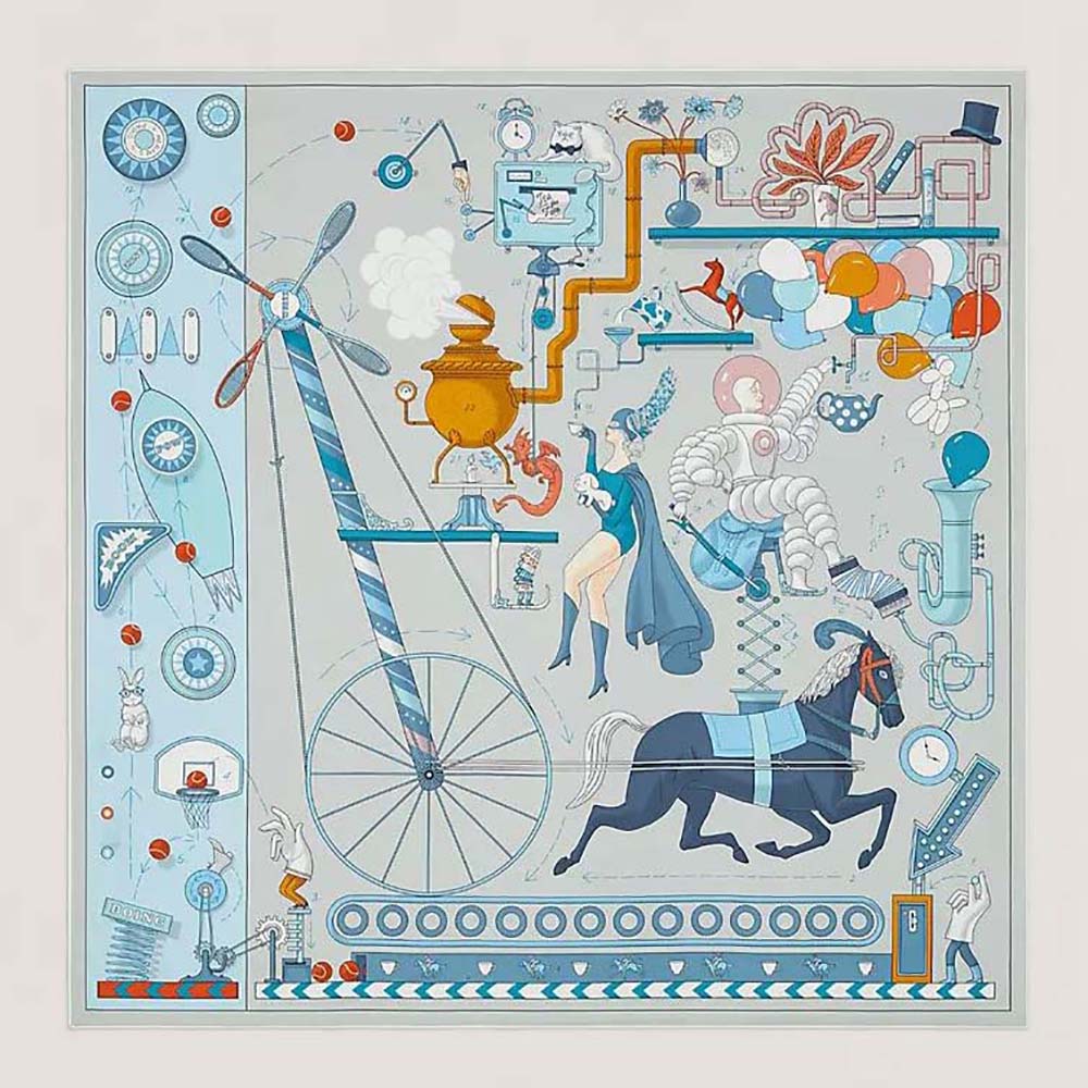 Front view of Hermes Women Tea for Two Scarf 90 in Silk Twill Blue