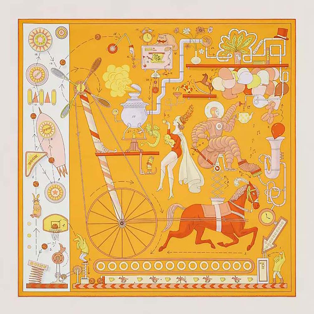 Hermes Women Tea for Two Scarf 90 silk twill orange draped flat