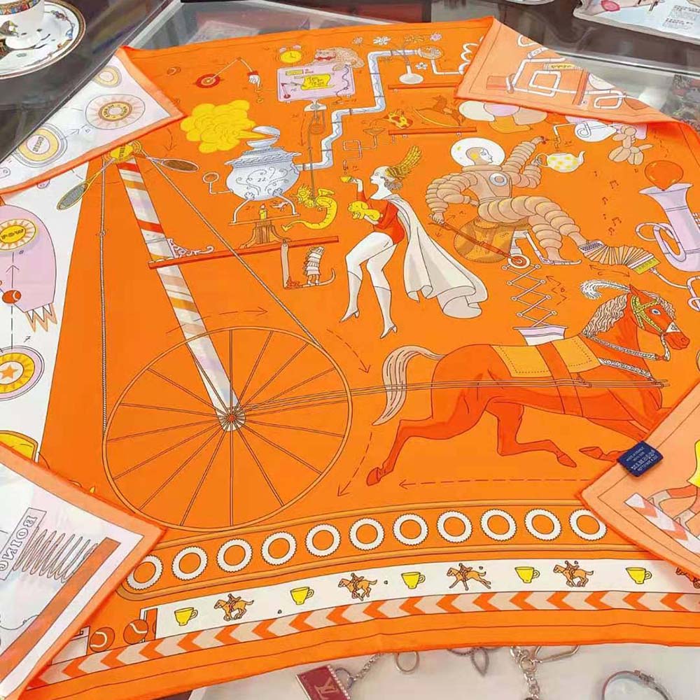 Hermes Women Tea for Two Scarf 90 in Silk Twill with Hand-Rolled Edges-Orange - image 6
