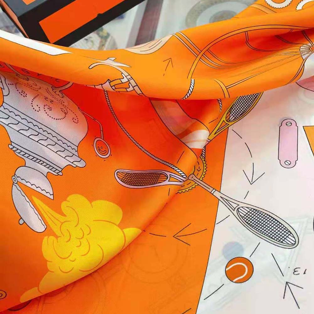 Hermes Women Tea for Two Scarf 90 in Silk Twill with Hand-Rolled Edges-Orange - image 8