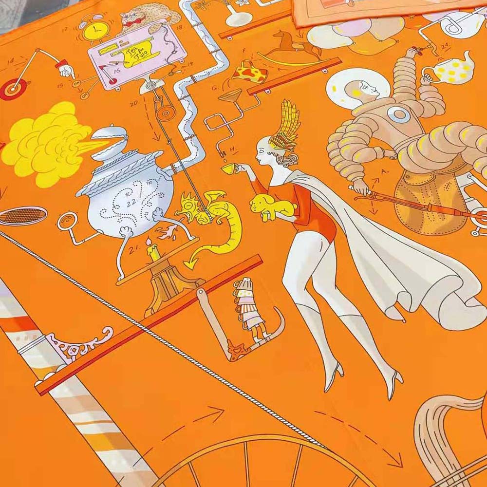 Hermes Women Tea for Two Scarf 90 in Silk Twill with Hand-Rolled Edges-Orange - image 7
