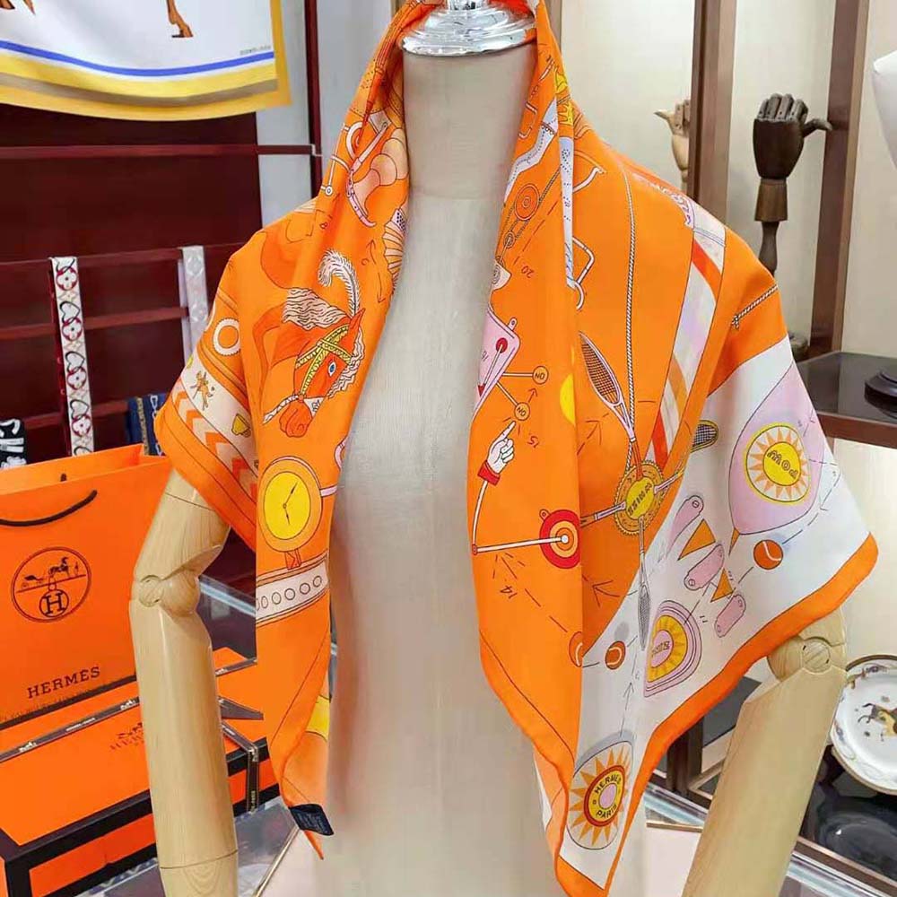 Hermes Women Tea for Two Scarf 90 in Silk Twill with Hand-Rolled Edges-Orange - image 4