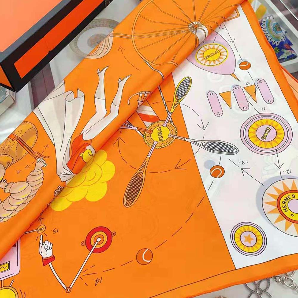 Hermes Women Tea for Two Scarf 90 in Silk Twill with Hand-Rolled Edges-Orange - image 5