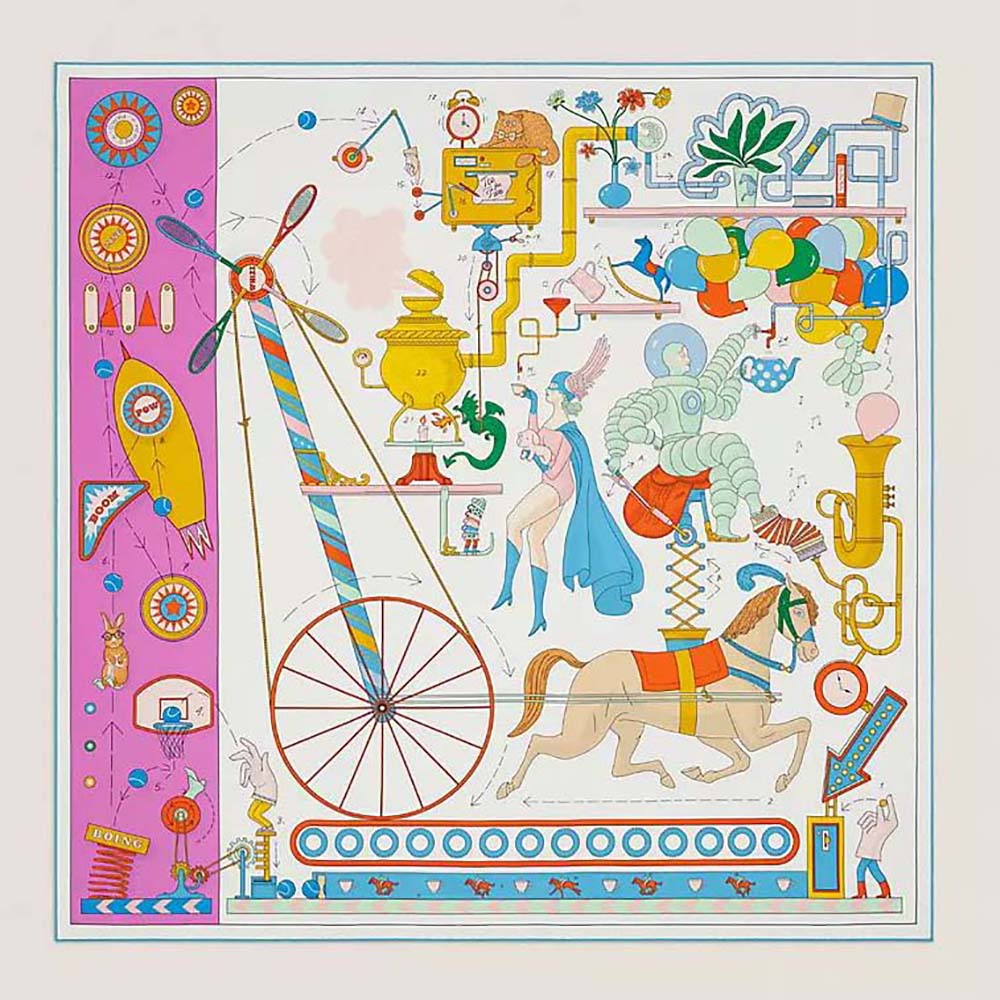Close-up of Hermes Women Tea for Two Scarf 90 pink silk twill fabric