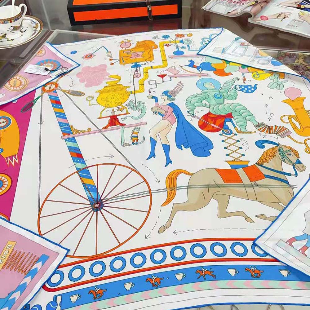 Hermes Women Tea for Two Scarf 90 in Silk Twill with Hand-Rolled Edges-Pink - image 6