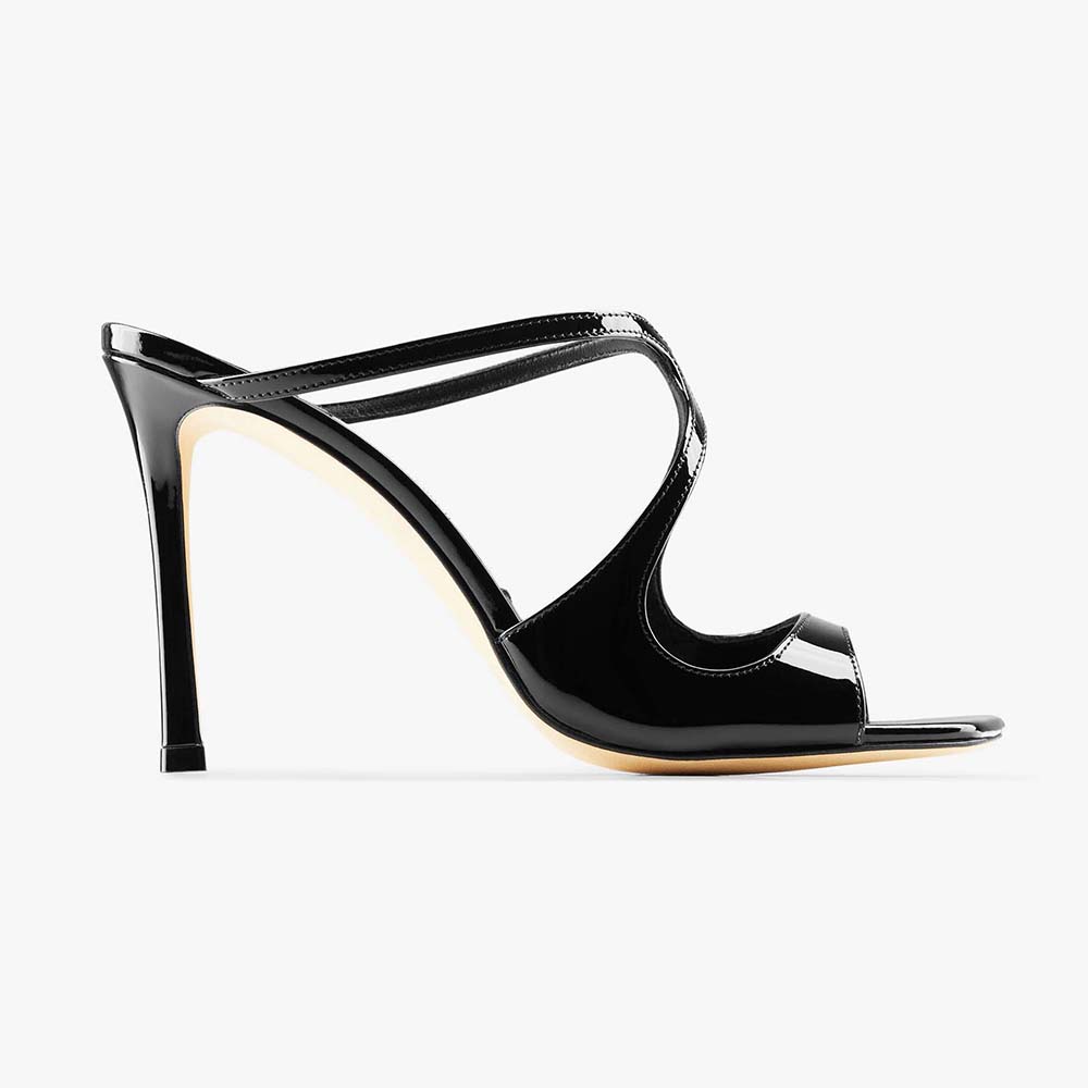 Side view of Jimmy Choo Women Anise 95 Black Patent Leather Mules-Black