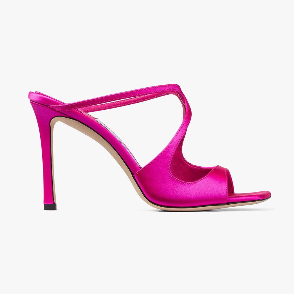 Side profile of Jimmy Choo Women Anise 95 Fuchsia Satin Mules