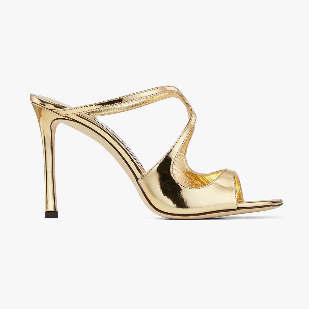 Side profile of Jimmy Choo Women Anise 95 Gold Liquid Metal Leather Mules