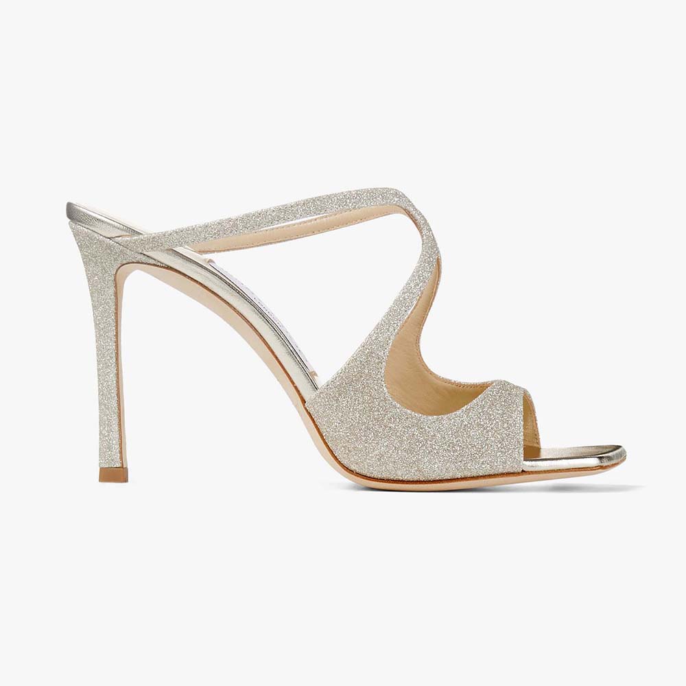 Side profile of Jimmy Choo Women Anise 95 Platinum Ice Dusty Glitter Mules in gold