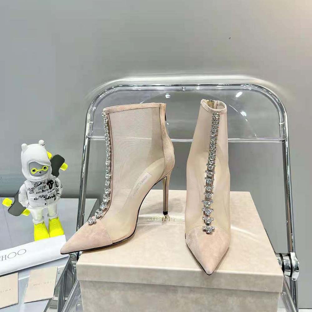 Back view showing heel and silver logo of Jimmy Choo Bing Boot 100