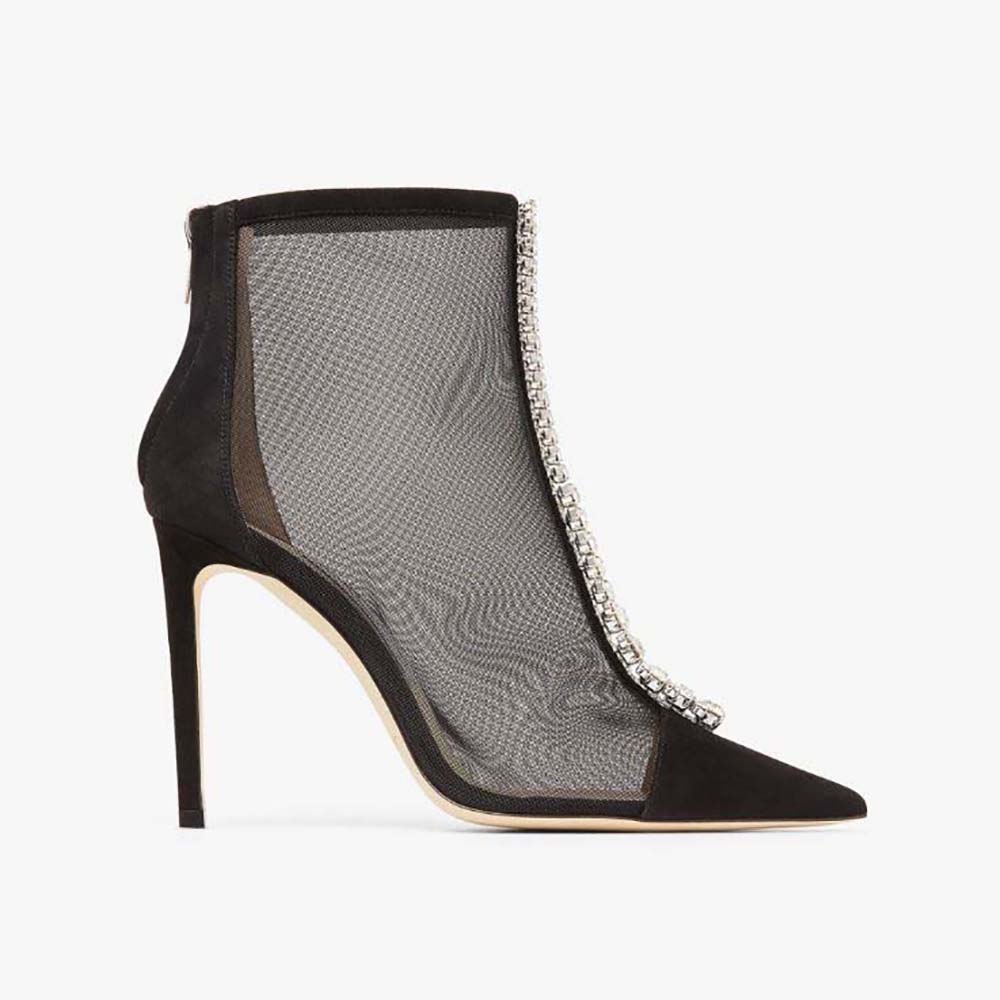 Front angle of Jimmy Choo Women Bing Boot 100 black suede ankle boot