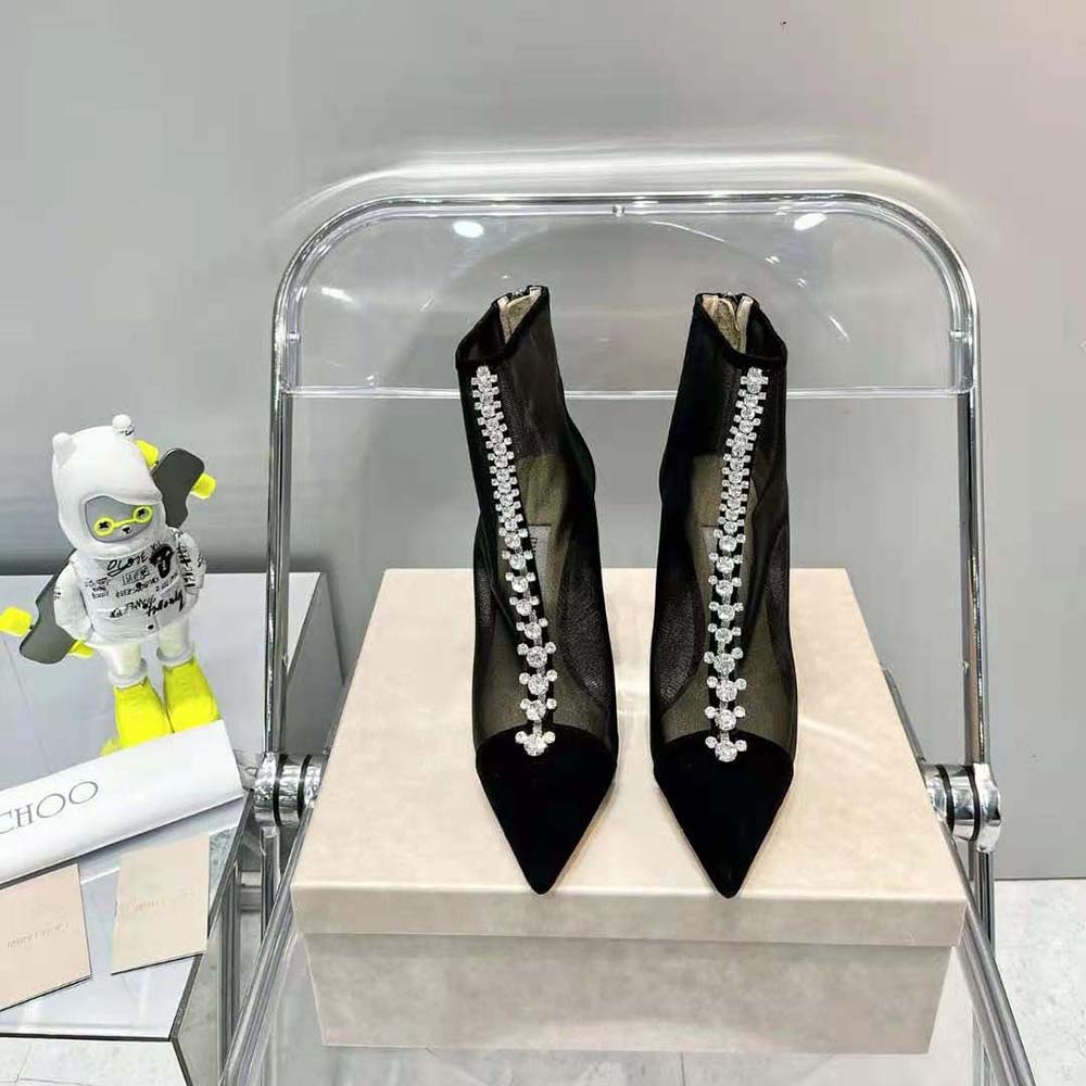 Close-up of sparkling crystal embellishments on Jimmy Choo Bing Boot 100
