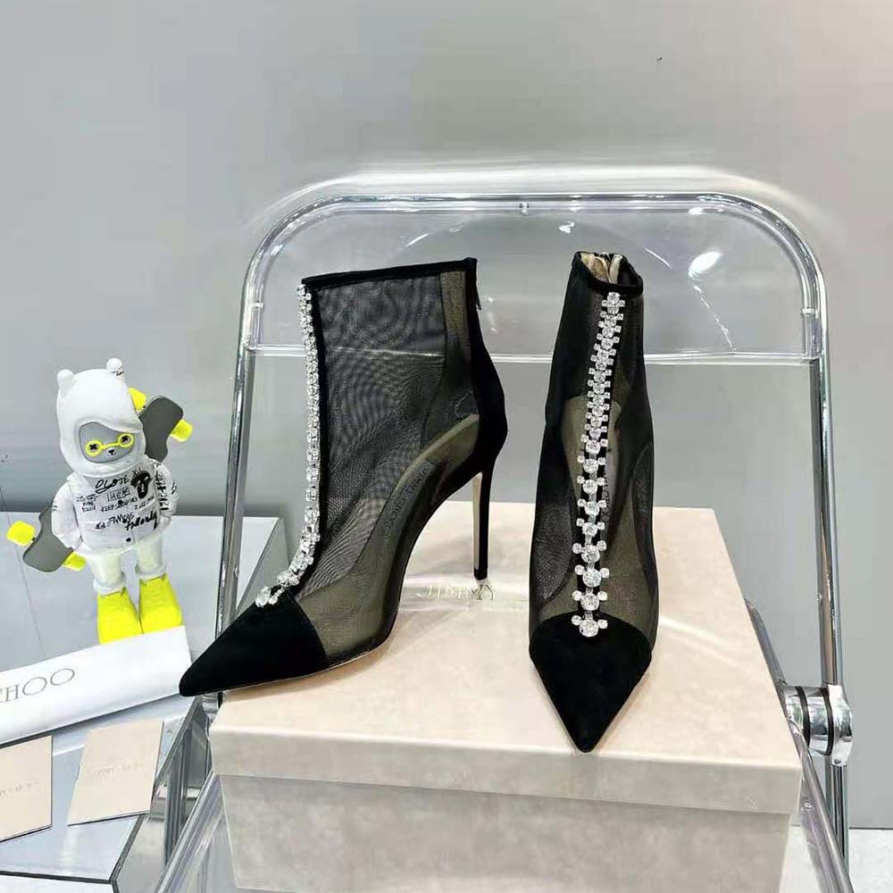 Jimmy Choo Women Bing Boot 100 Black Suede and Mesh Ankle Boots with Crystal Embellishment - image 5