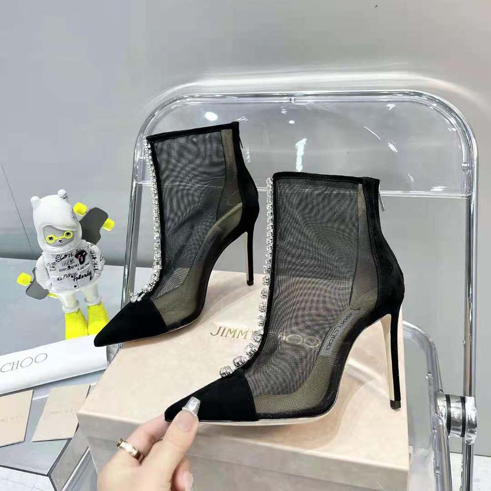 Jimmy Choo Women Bing Boot 100 Black Suede and Mesh Ankle Boots with Crystal Embellishment - image 7