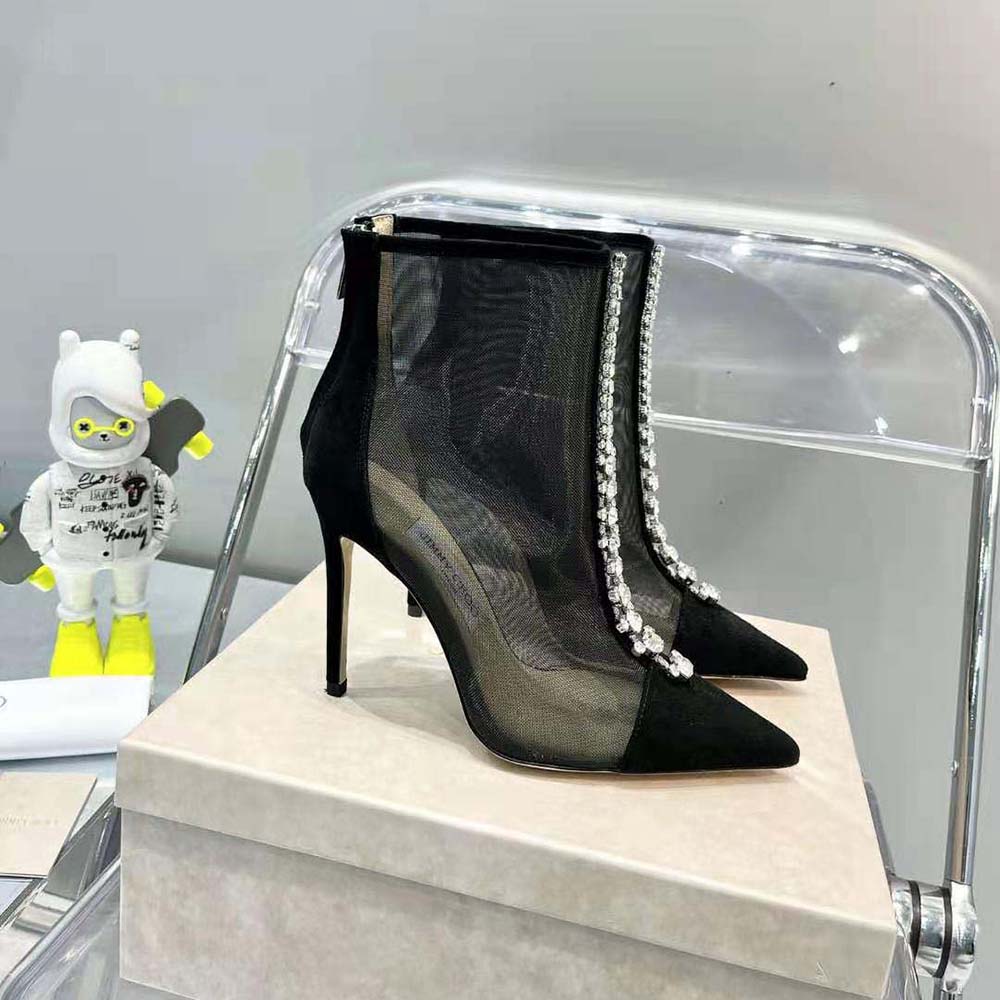 Jimmy Choo Women Bing Boot 100 Black Suede and Mesh Ankle Boots with Crystal Embellishment - image 4