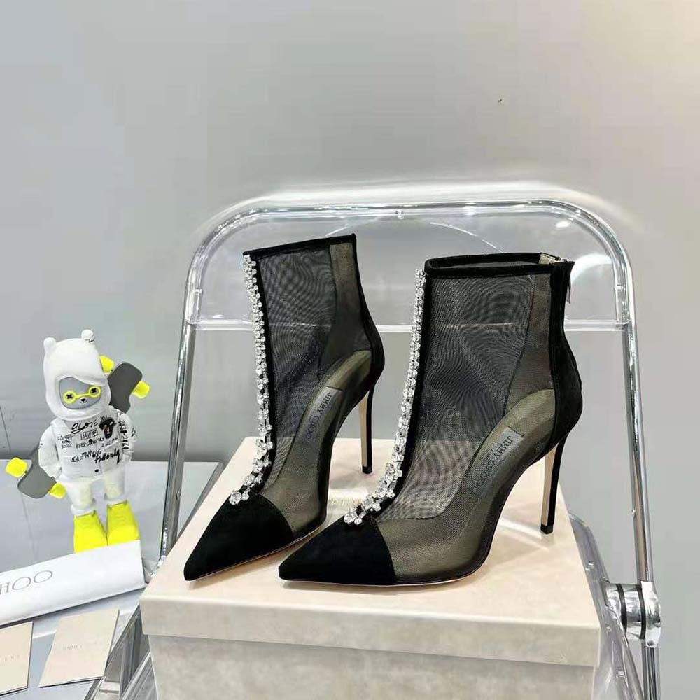 Jimmy Choo Women Bing Boot 100 Black Suede and Mesh Ankle Boots with Crystal Embellishment - image 8