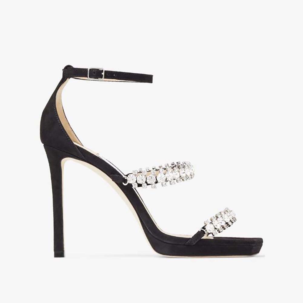 Side view of Jimmy Choo Women Bing Sandal 105 Black Suede Sandals with crystal straps