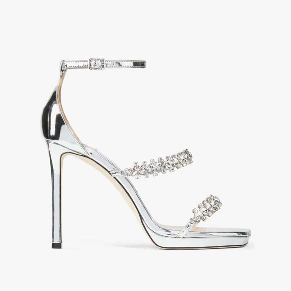 Jimmy Choo Women Bing Sandal 105 Silver Liquid Metal side view with crystal straps