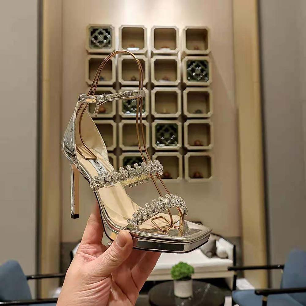 Jimmy Choo Women Bing Sandal 105 Silver Liquid Metal Sandals with Crystal Straps - image 7