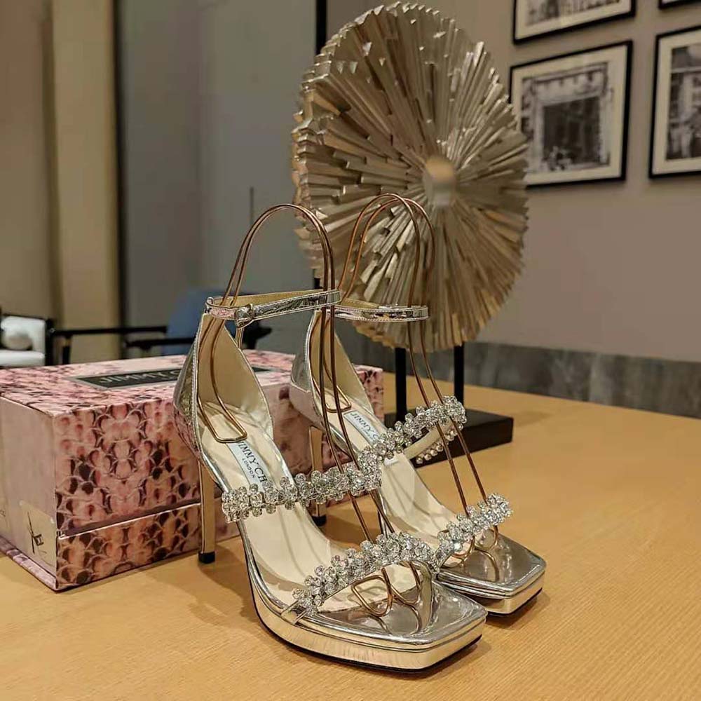 Back view of Jimmy Choo Women Bing Sandal 105 showcasing silver stiletto heel