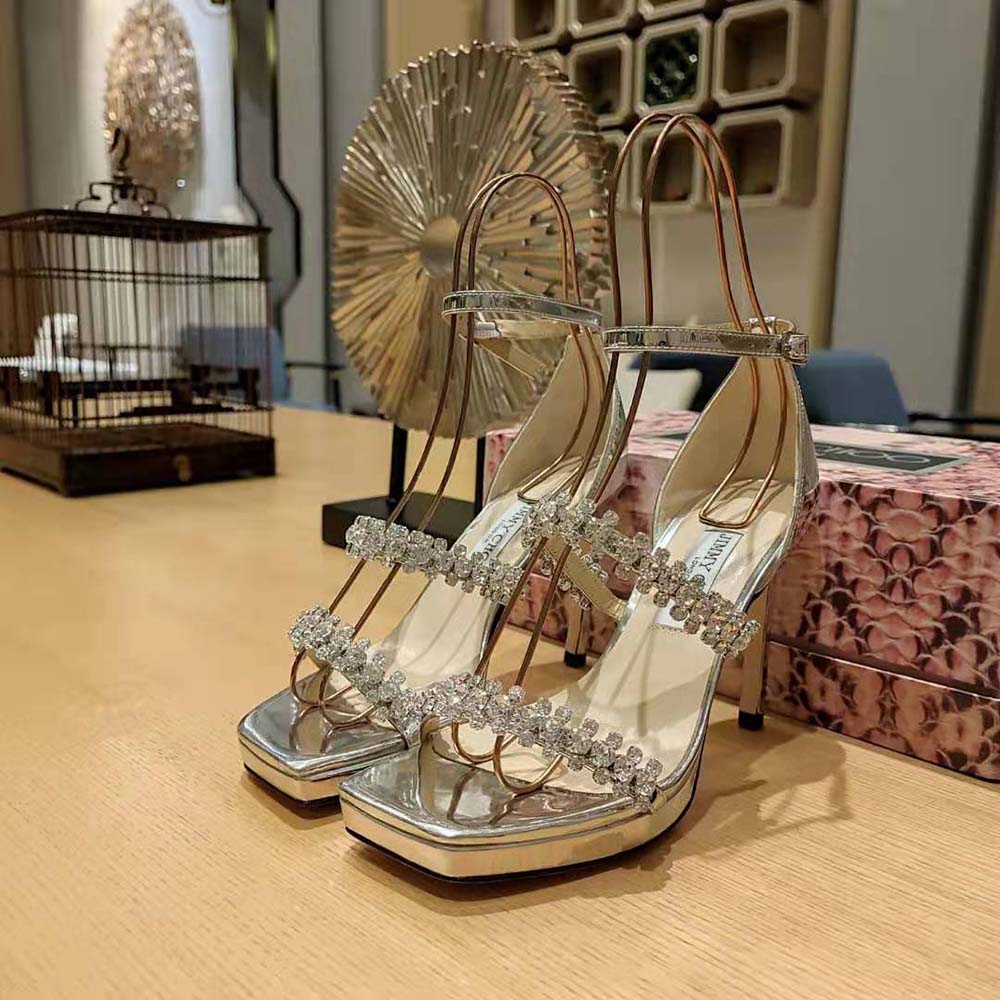 Jimmy Choo Women Bing Sandal 105 Silver Liquid Metal Sandals with Crystal Straps - image 4