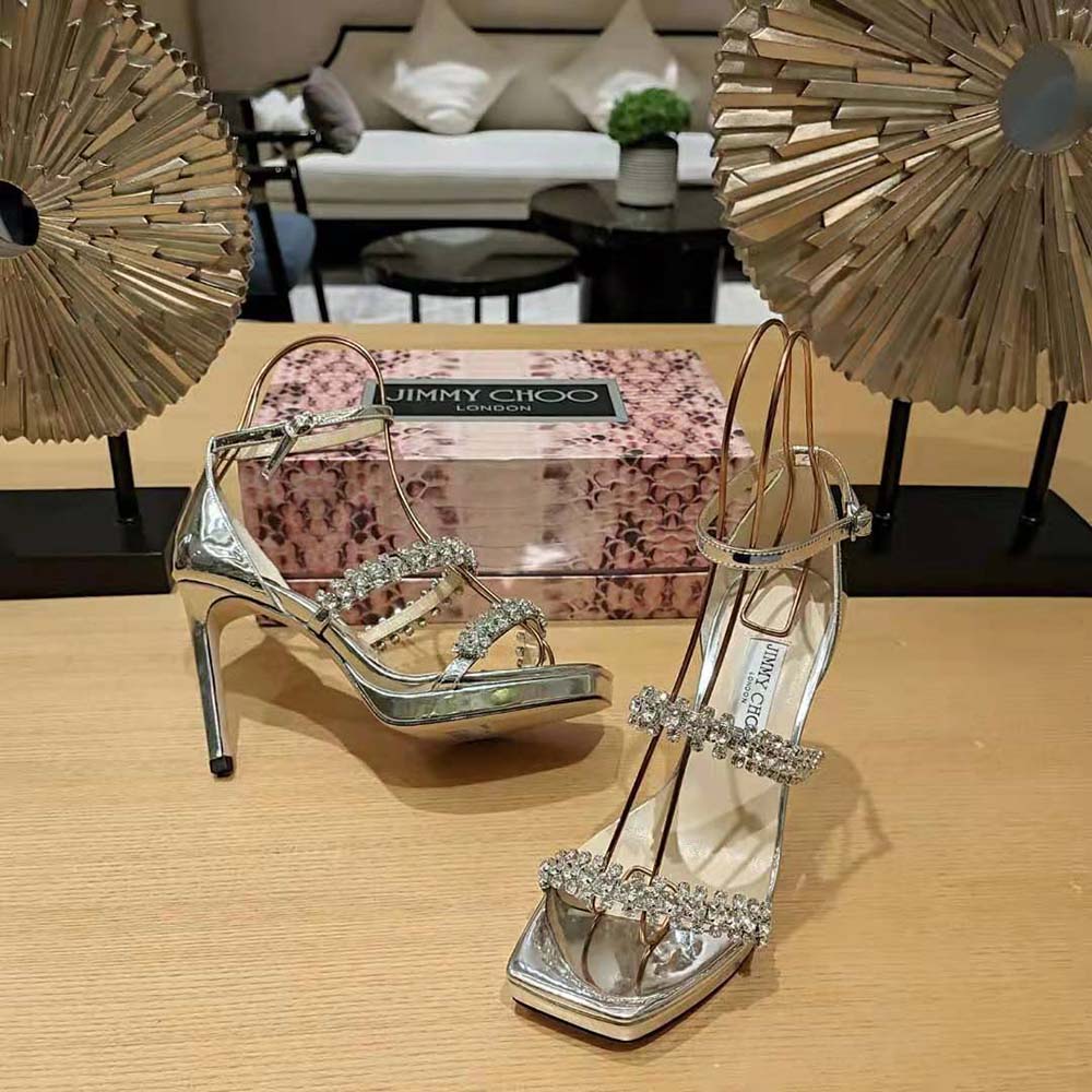 Jimmy Choo Women Bing Sandal 105 Silver Liquid Metal Sandals with Crystal Straps - image 5