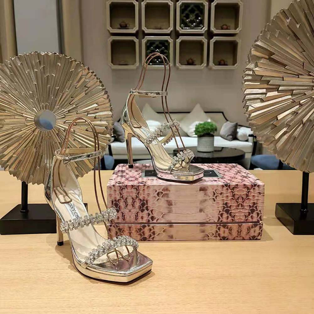 Jimmy Choo Women Bing Sandal 105 Silver Liquid Metal Sandals with Crystal Straps - image 6