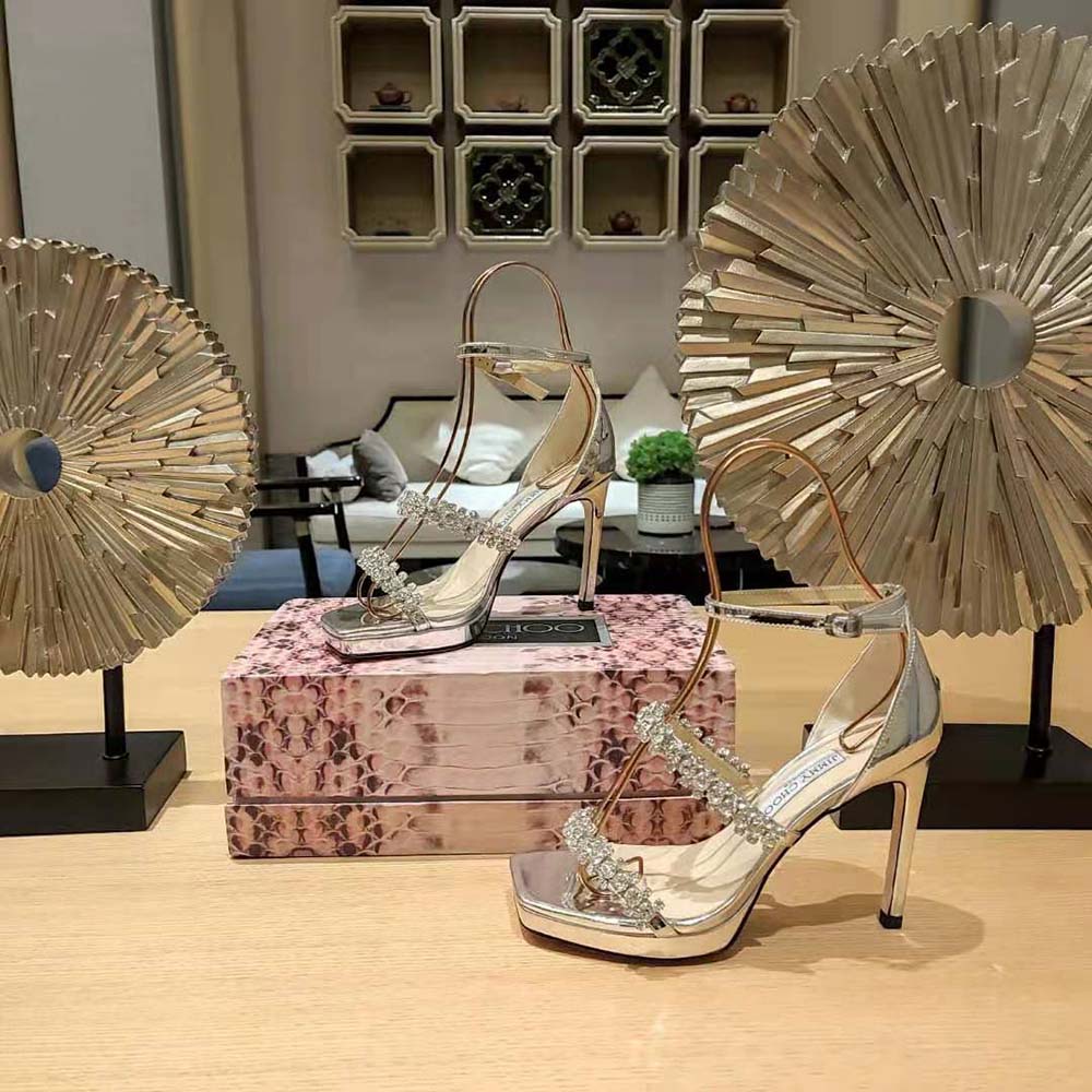 Jimmy Choo Women Bing Sandal 105 Silver Liquid Metal Sandals with Crystal Straps - image 8