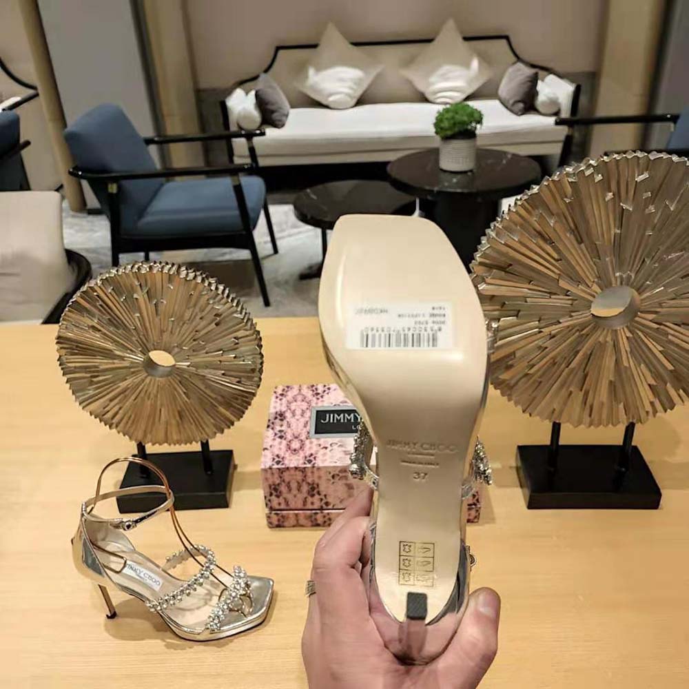 Jimmy Choo Women Bing Sandal 105 Silver Liquid Metal Sandals with Crystal Straps - image 10