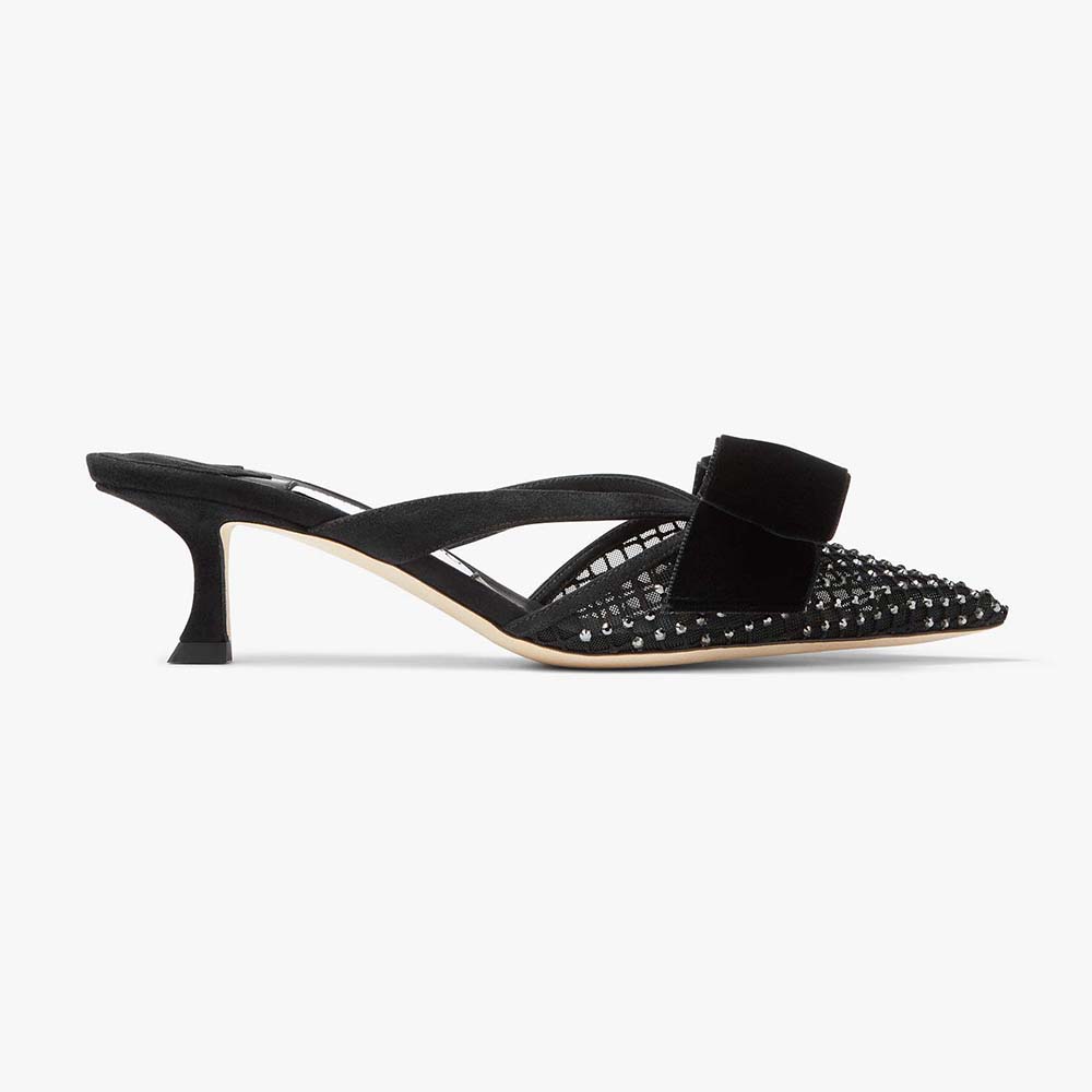 Side view of Jimmy Choo Women Flaca Mule 50 Black Crystal Mesh Mules with Bows