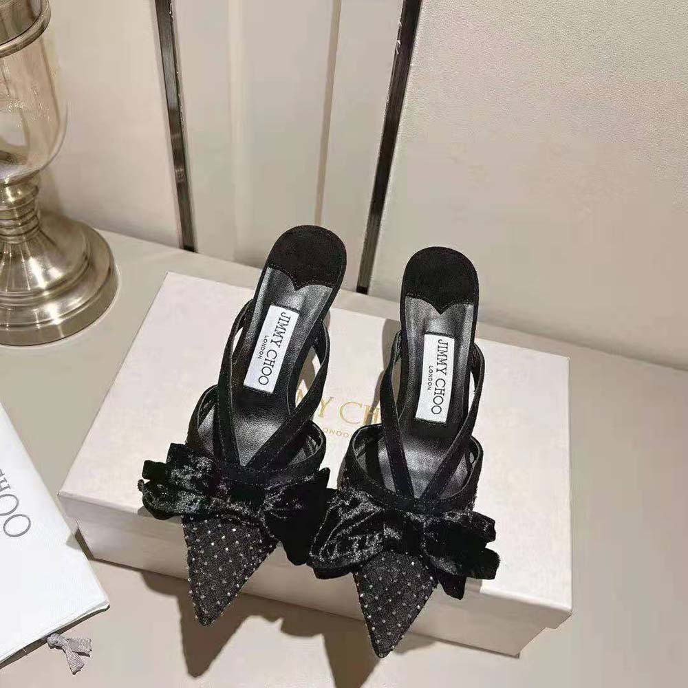 Close-up detail of crystal mesh and bow on Jimmy Choo Women Flaca Mule 50