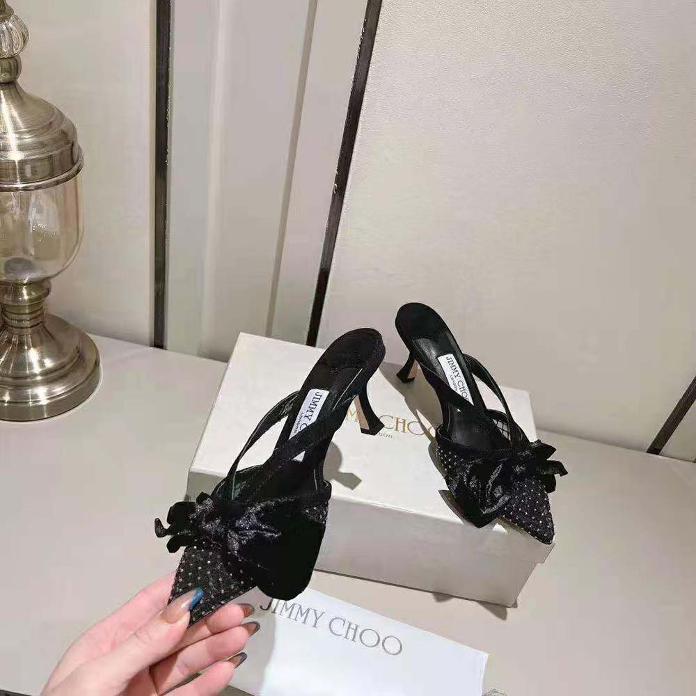 Jimmy Choo Women Flaca Mule 50 Black Crystal Mesh Mules with Bows - image 4