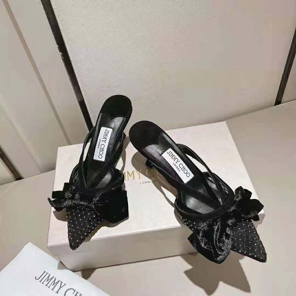Rear angle showing 50mm heel of Jimmy Choo Women Flaca Mule 50 Black Mules