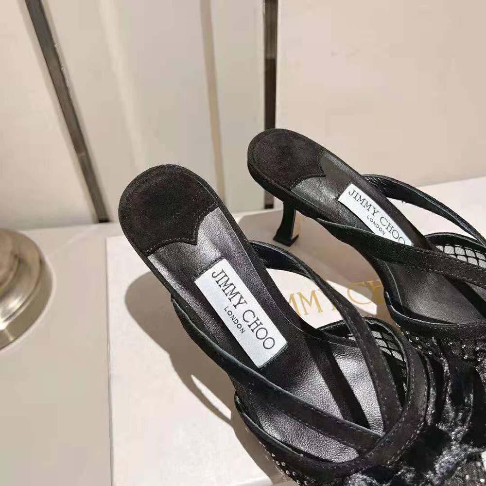 Jimmy Choo Women Flaca Mule 50 Black Crystal Mesh Mules with Bows - image 8