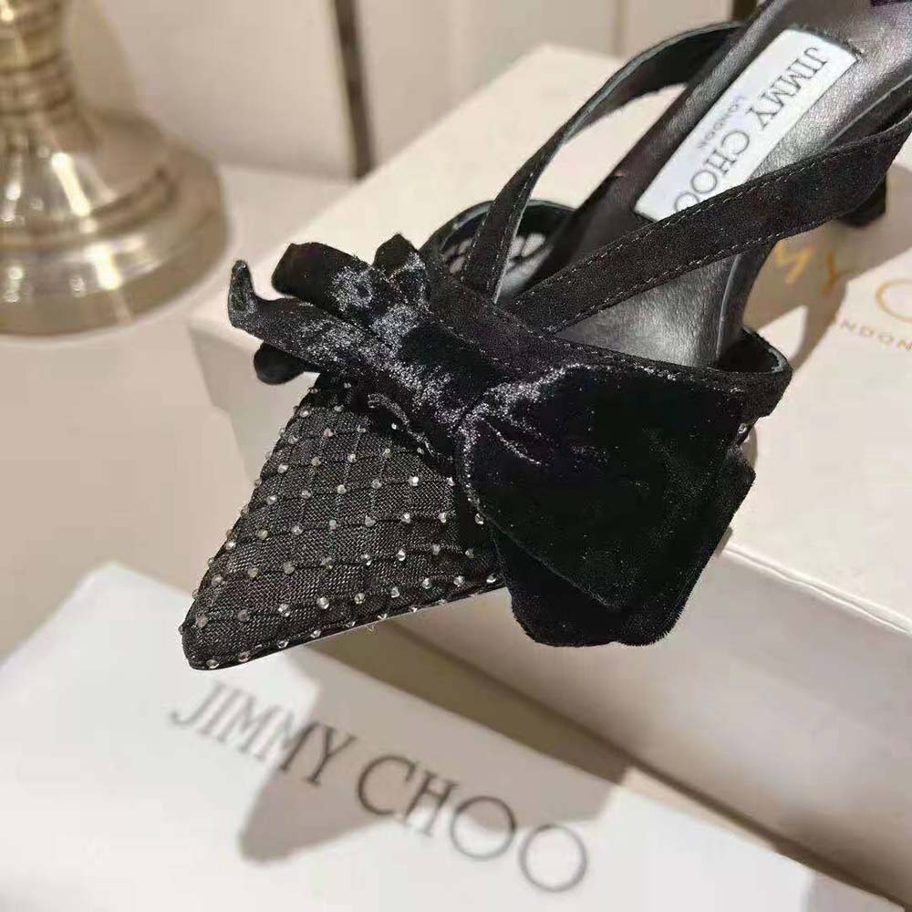 Jimmy Choo Women Flaca Mule 50 Black Crystal Mesh Mules with Bows - image 7