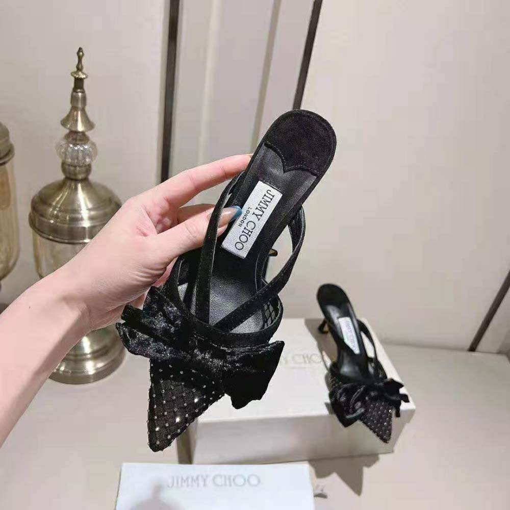 Jimmy Choo Women Flaca Mule 50 Black Crystal Mesh Mules with Bows - image 5