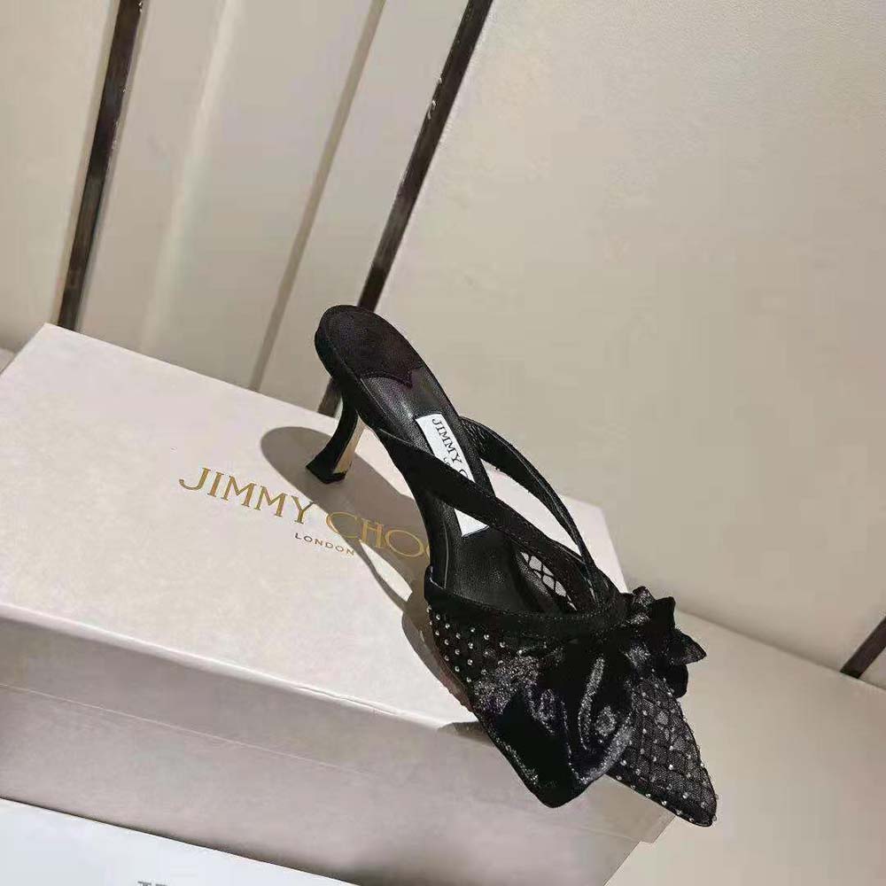 Jimmy Choo Women Flaca Mule 50 Black Crystal Mesh Mules with Bows - image 6